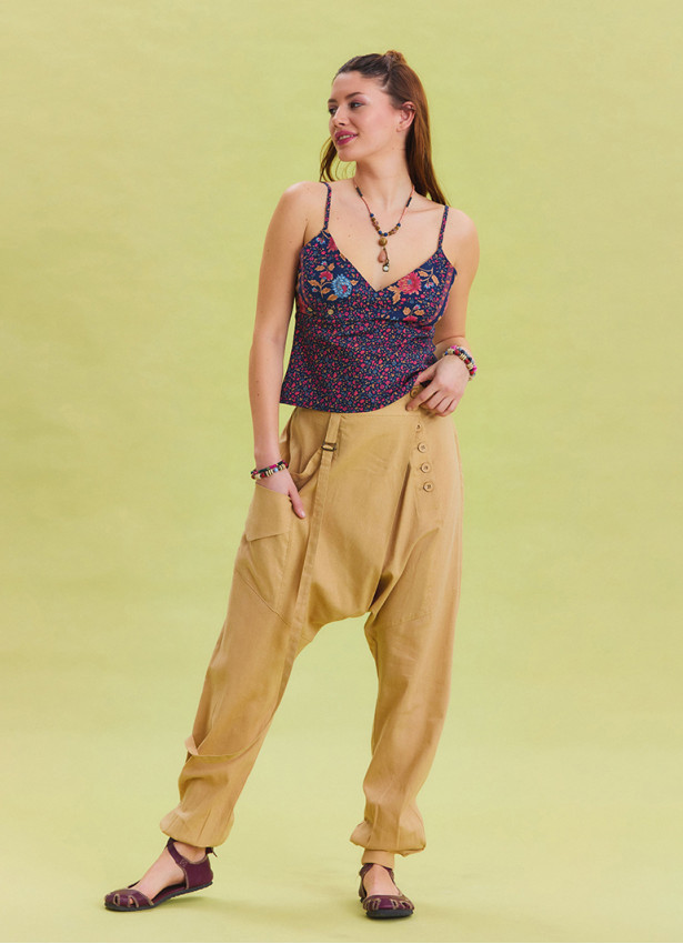 Rope Detailed Buttoned Elastic Waist Camel Bohemian Trousers 4557